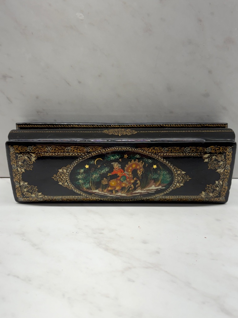 Hand-Painted Russian Black Lacquer Decorative Box with Gold Accent With Words